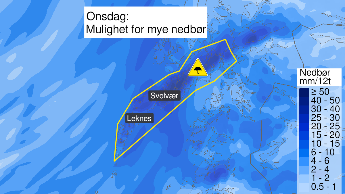 Map over Heavy rain, yellow level, Parts of Lofoten and Vesteraalen, 2023-11-22T09:00:00+00:00, 2023-11-22T18:00:00+00:00