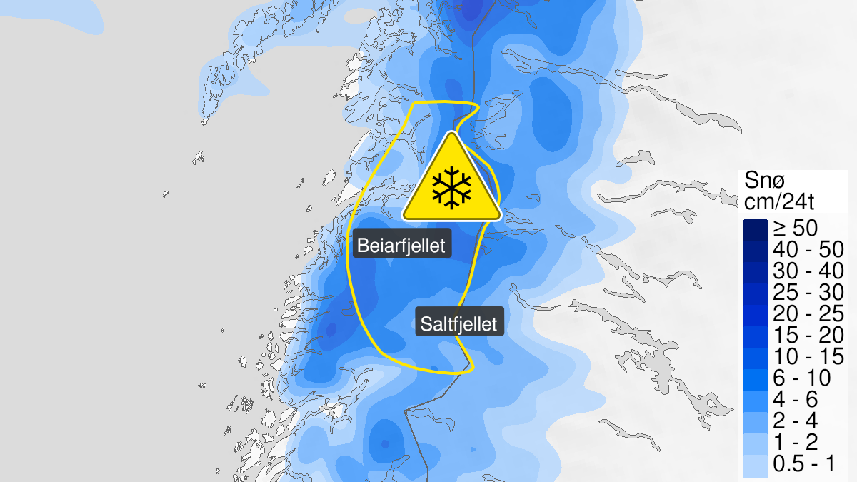 Kart over Snø, gult nivå, Fjellovergangene Saltfjellet, Beiarfjellet og Graddis, 2024-05-19T16:00:00+00:00, 2024-05-20T09:00:00+00:00