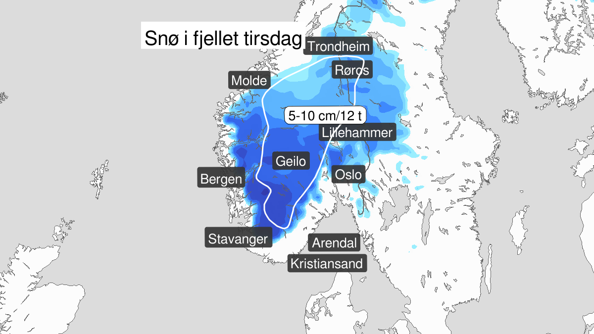 Mye snø, gult nivå, Fjellet i Sør-Norge, 07 October 22:00 UTC til 08 October 12:00 UTC.