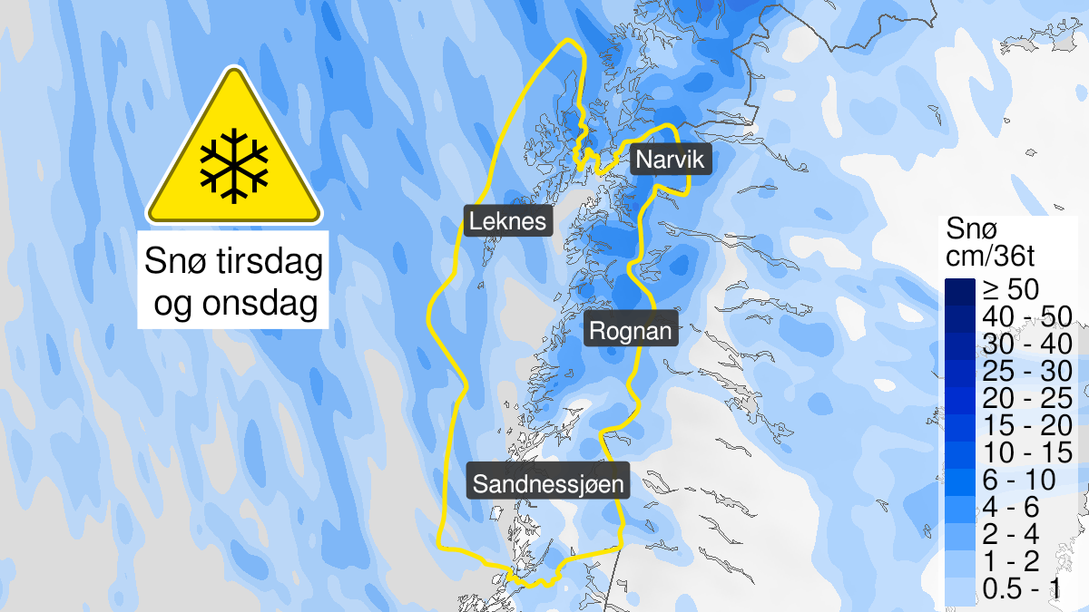 Kart over Nedgradert varsel for snø, Nordland