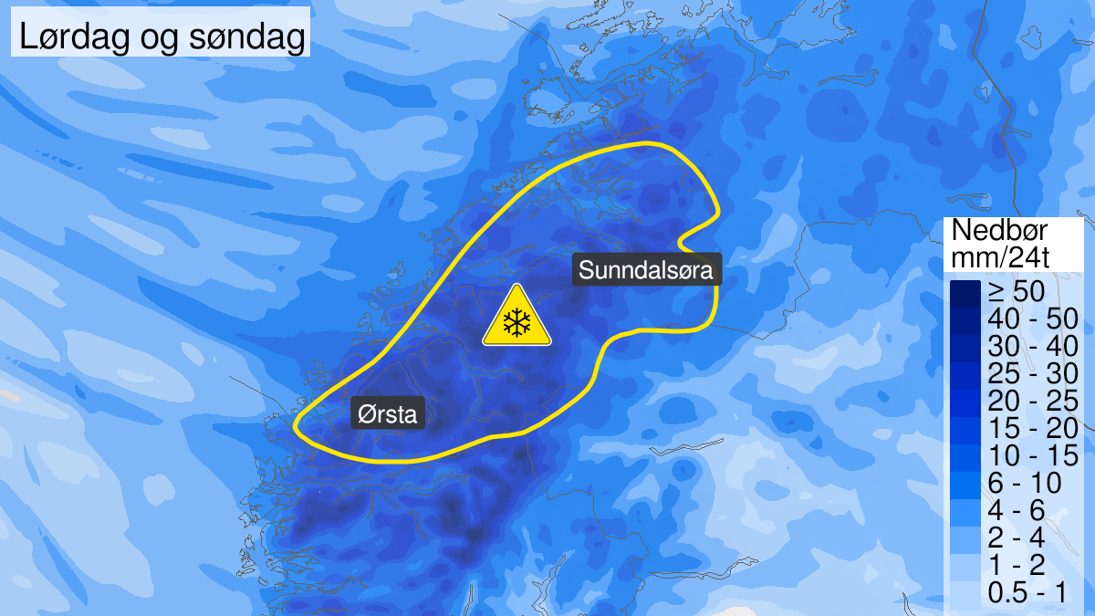 Kart over Snø, gult nivå, Deler av Møre og Romsdal, 2023-04-28T22:00:00+00:00, 2023-04-30T22:00:00+00:00