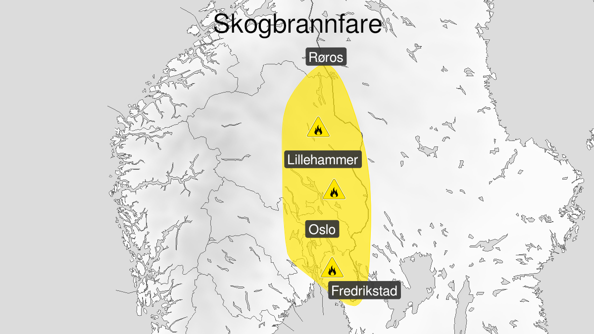 Kart over Skogbrannfare, gult nivå, Østlige deler av Østlandet, 2024-05-26T22:00:00+00:00, 2024-05-27T22:00:00+00:00