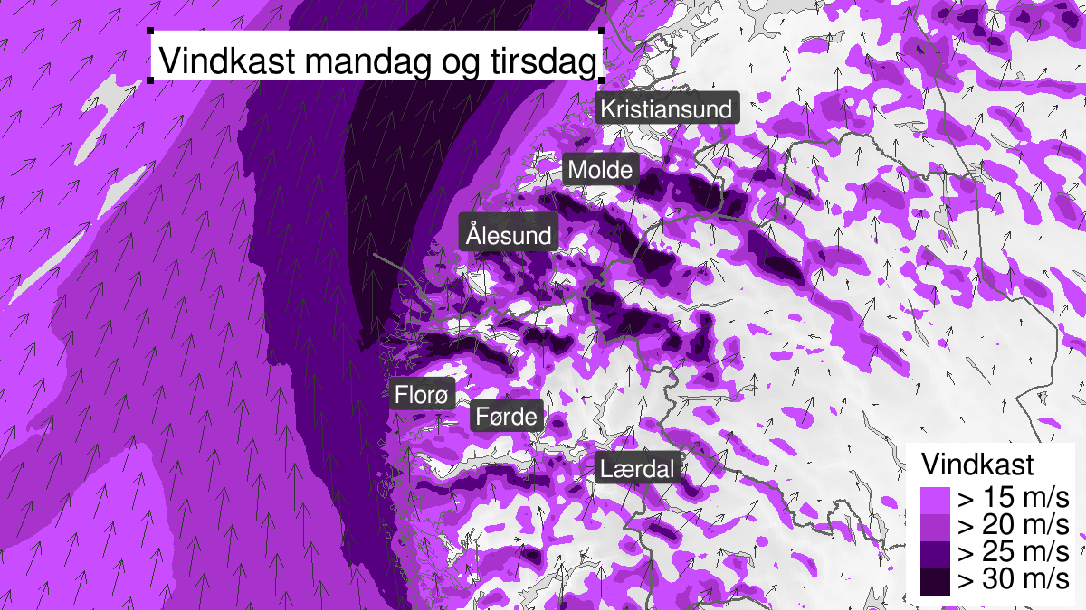 Kart over kraftige vindkast pågår, gult nivå, Sogn, Fjordane og Møre og Romsdal, 23 March 10:00 UTC til 25 March 08:00 UTC.