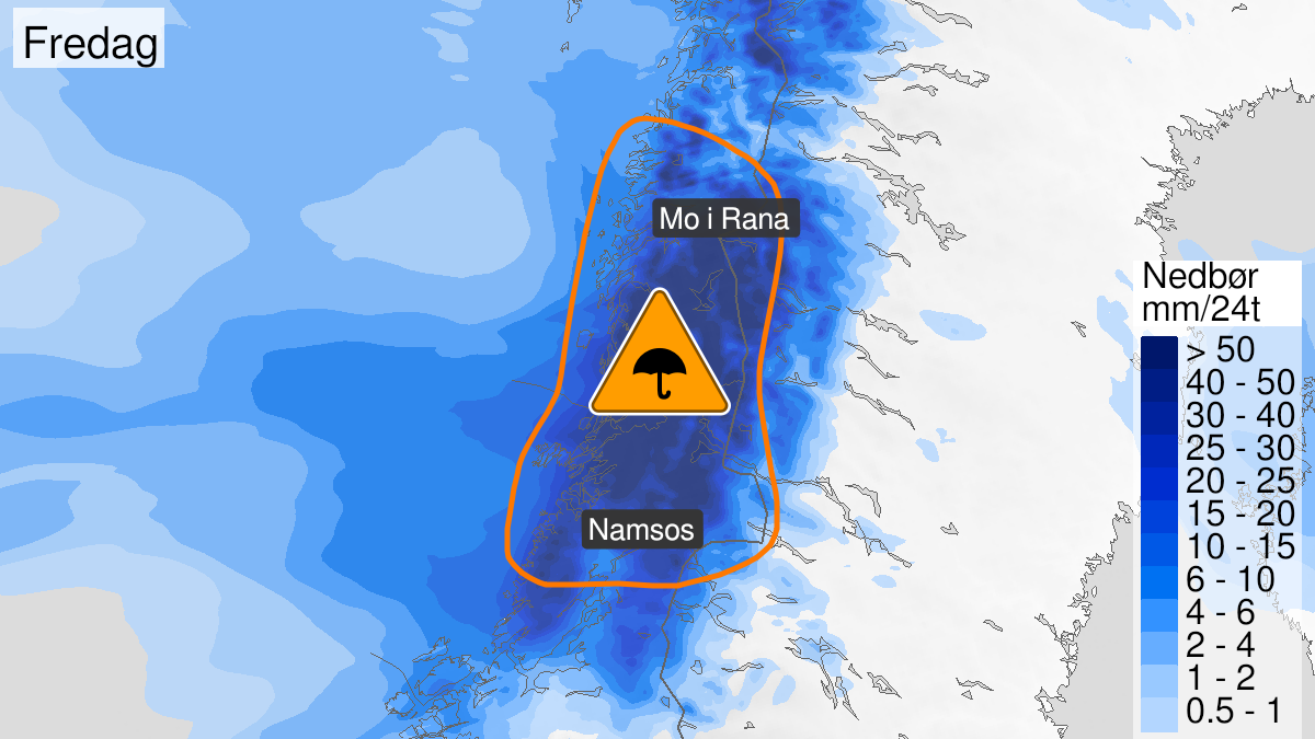 Kart over svært mye regn, oransje nivå, Nord-Trøndelag og Helgeland, 05 November 23:00 UTC til 07 November 06:00 UTC.