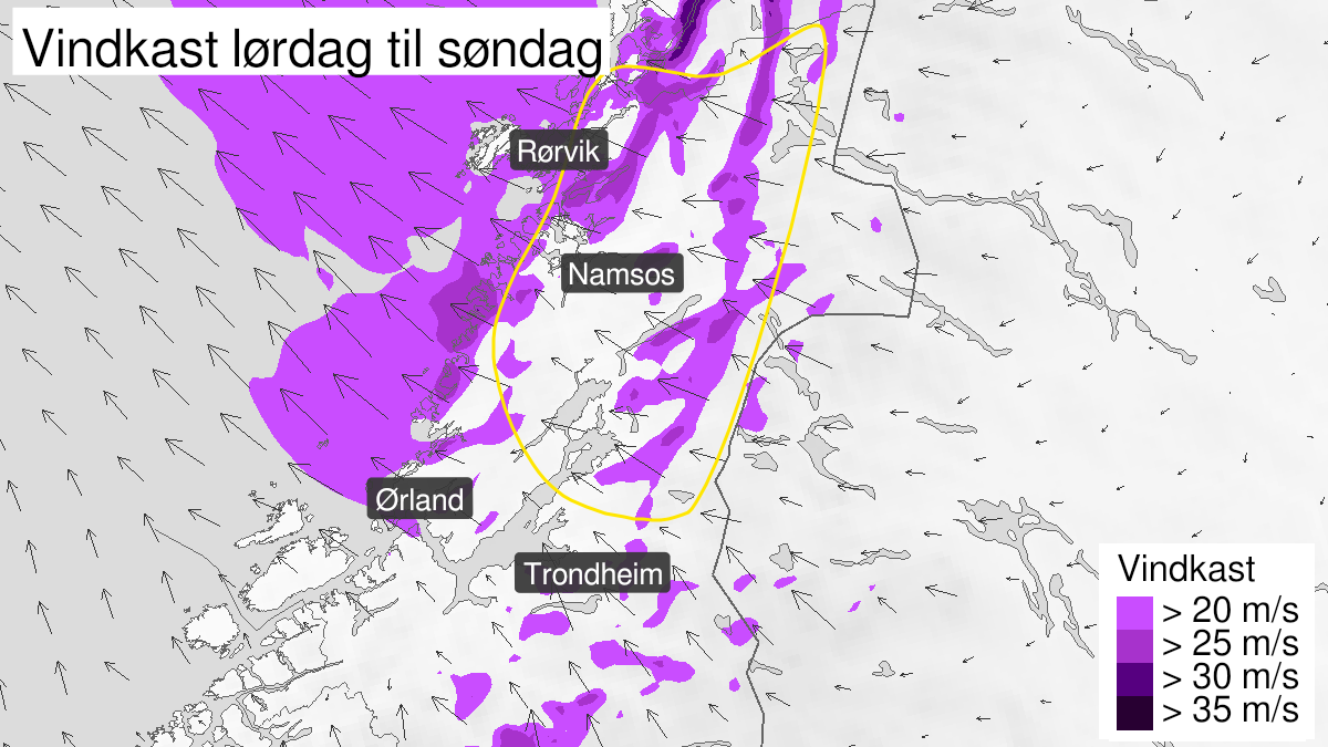Kart over kraftige vindkast, gult nivå, Nord-Trøndelag, 04 December 06:00 UTC til 05 December 01:00 UTC.