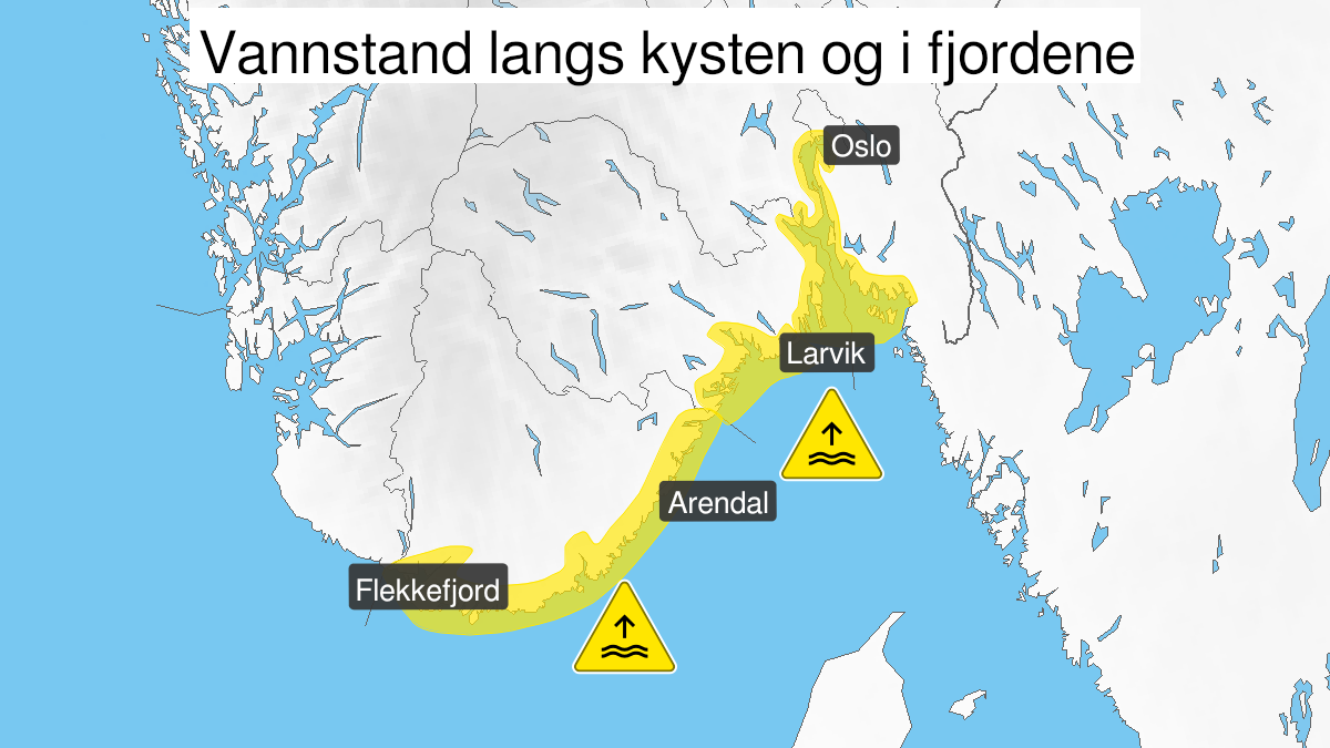 Kart over Høy vannstand, gult nivå, Oslofjorden, Kysten av Vestfold og Telemark, Kysten av Agder, 2024-01-22T01:00:00+00:00, 2024-01-22T05:00:00+00:00