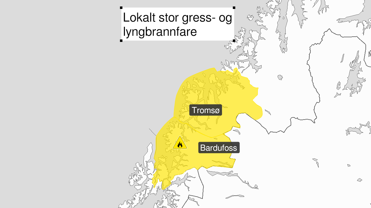 Kart over normal skogbrannfare, grønt nivå, Troms, 30 May 16:00 UTC til 01 June 10:00 UTC.