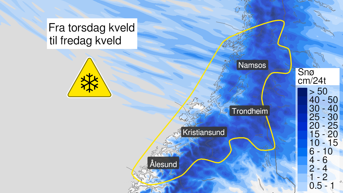 Kart over snø, gult nivå, Møre og Romsdal og Trøndelag, 13 January 21:00 UTC til 14 January 21:00 UTC.