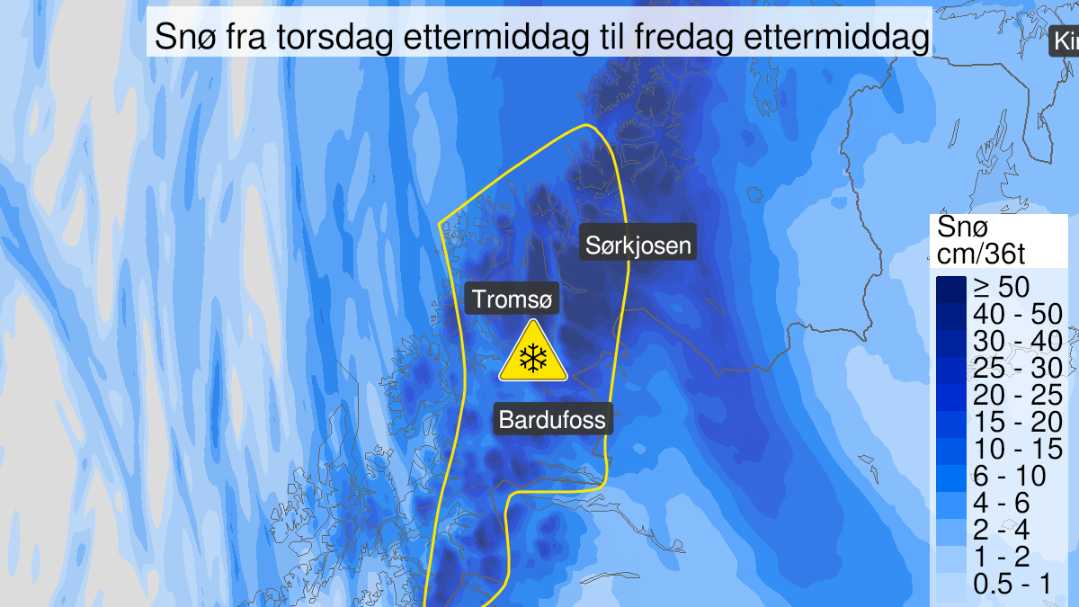 Kart over Snø, gult nivå, Deler av Troms og Ofoten, 2023-03-30T12:00:00+00:00, 2023-03-31T18:00:00+00:00