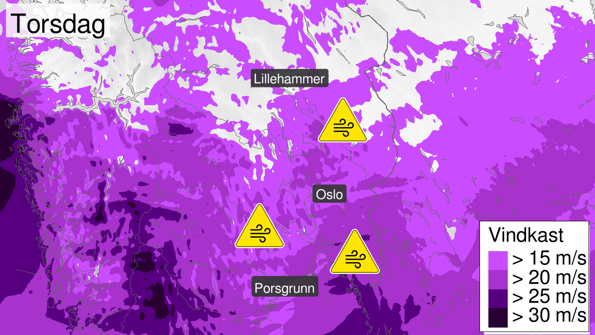 Map of strong wind gusts, yellow level, Oestlandet and Telemark, 02 April 09:00 UTC to 02 April 21:00 UTC.