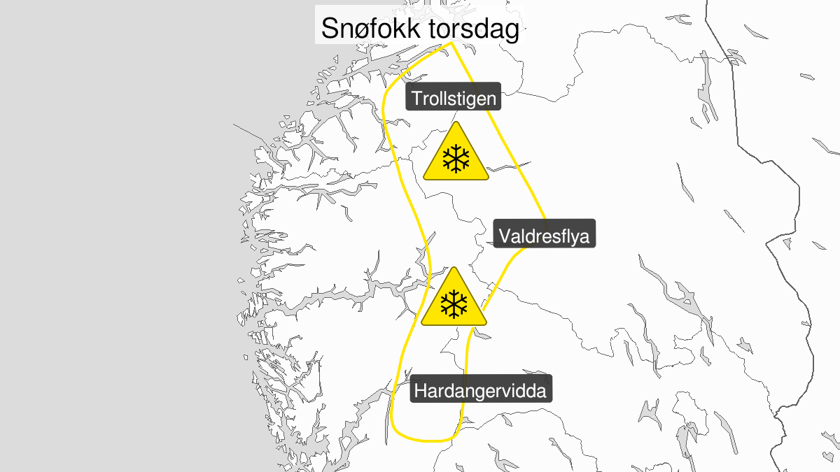 Map over Blowing snow, yellow level, Parts of the mountain areas in Southern Norway, 2023-10-12T12:00:00+00:00, 2023-10-12T18:00:00+00:00