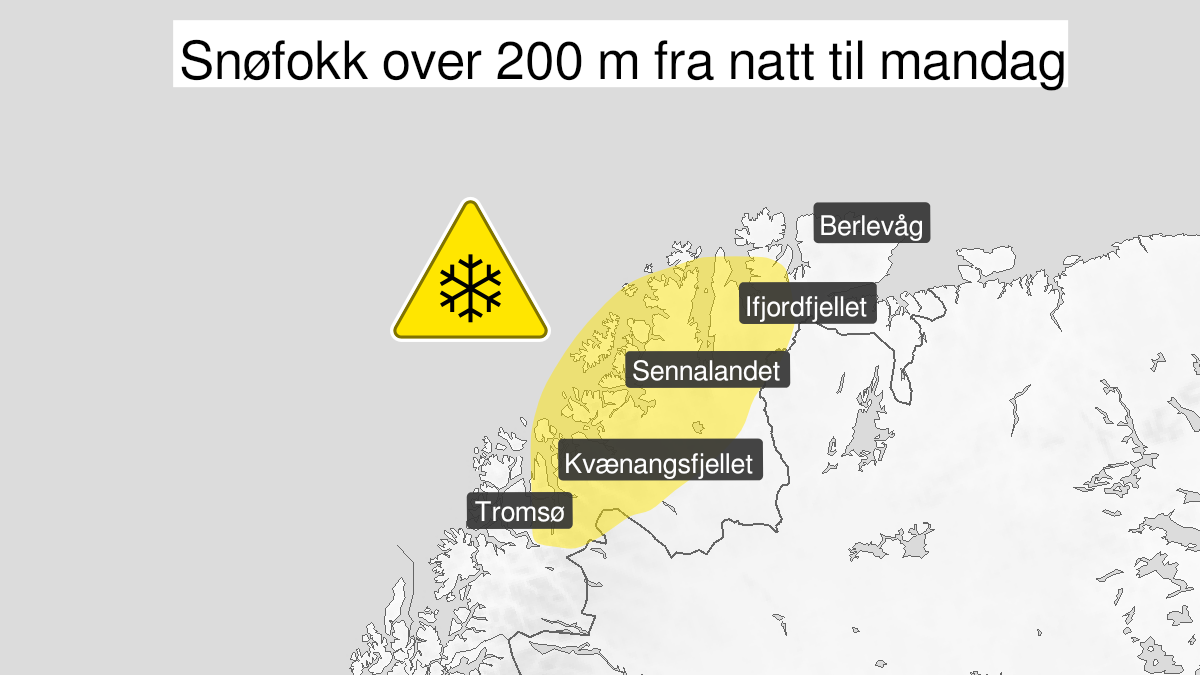 Map over Downgraded alert warning for blowing snow, West-Finnmark and northern part of Troms