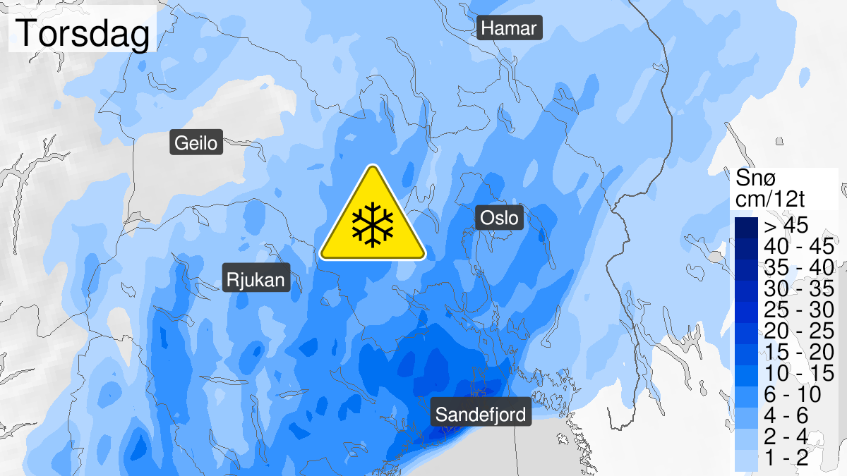 Kart over snø, gult nivå, Telemark, Vestfold, Østfold, Oslo, Akershus og Buskerud, 16 February 19:00 UTC til 18 February 23:00 UTC.