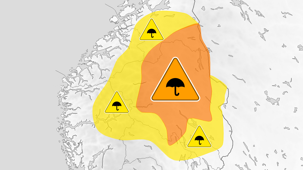 Kart over Svært mye regn, oransje nivå, Deler av Østlandet og Trøndelag, 2024-09-09T06:00:00+00:00, 2024-09-10T09:00:00+00:00