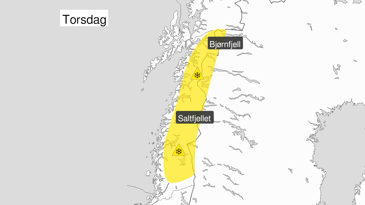 Map of snow, yellow level, Helgeland, Saltfjellet, Salten and Ofoten, 14 October 06:00 UTC to 14 October 22:00 UTC.