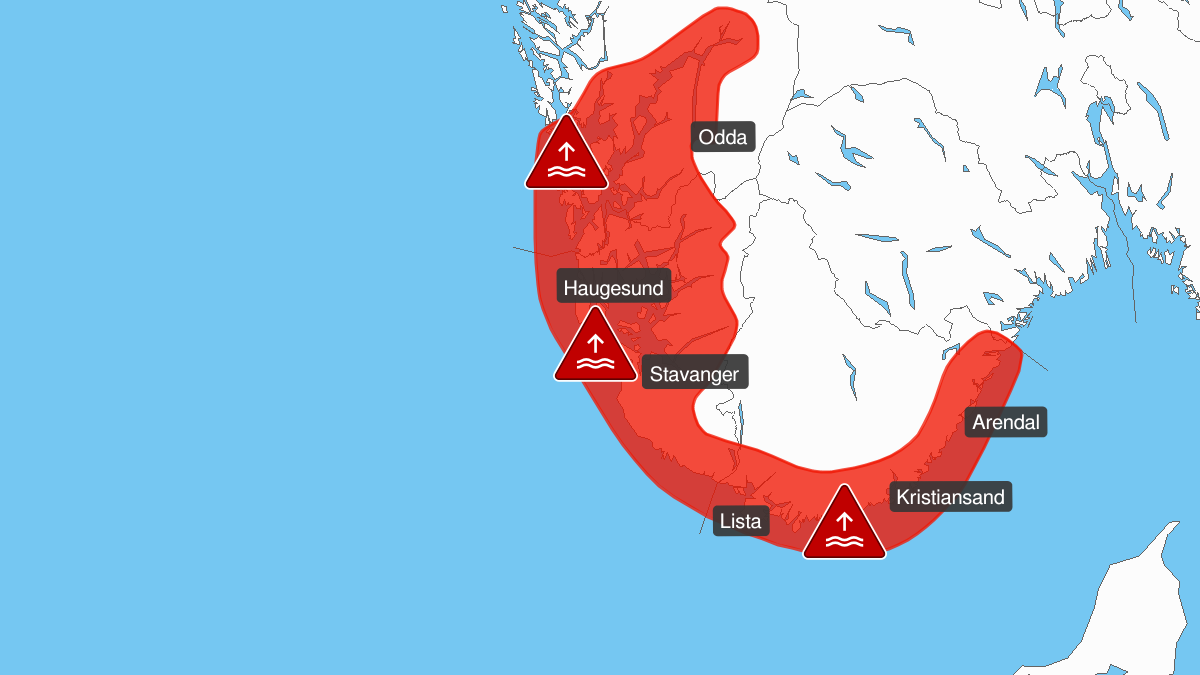 Extreme weather Didrik: Extremely high water level, red level, Agder, 15 January 00:00 UTC to 15 January 08:00 UTC.