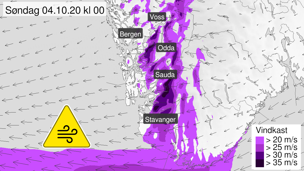 Map of strong wind gusts, yellow level, Rogaland and inner part of Hordaland, 03 October 12:00 UTC to 04 October 12:00 UTC.