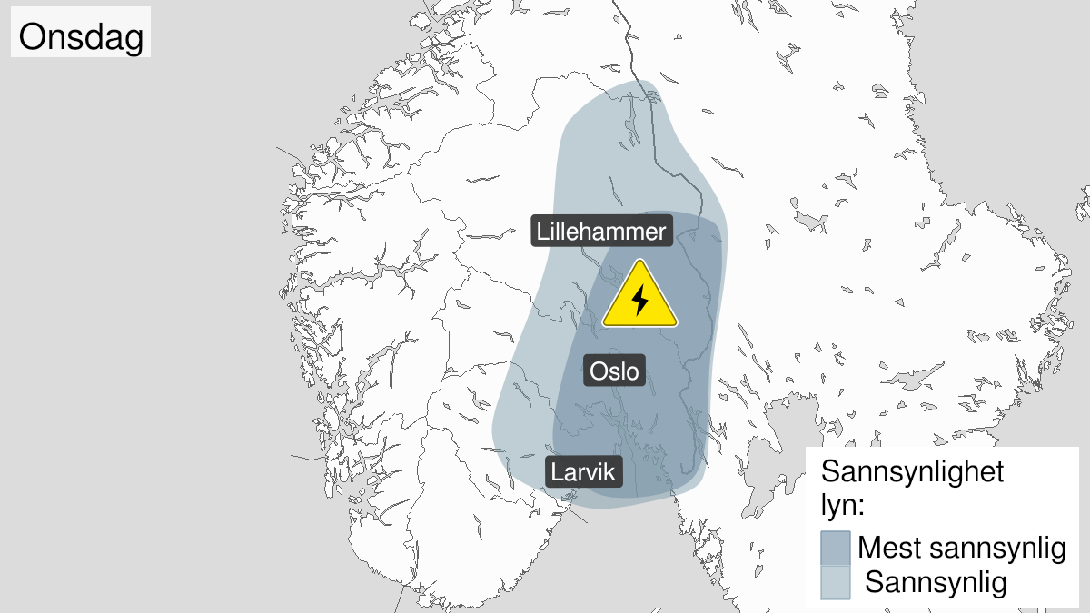 Kart over Mye lyn, gult nivå, Deler av Østlandet, 2022-07-13T10:00:00+00:00, 2022-07-13T18:00:00+00:00