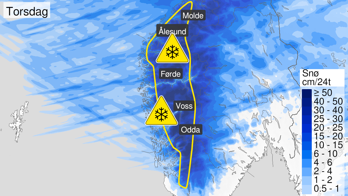 Kart over Snø pågår, gult nivå, Store deler av Vestlandet, 2023-02-09T00:00:00+00:00, 2023-02-10T00:00:00+00:00