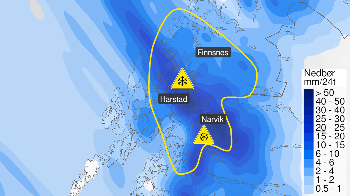 Map of snow, yellow level, Ofoten and Soer-Troms, 19 January 14:00 UTC to 21 January 09:00 UTC.