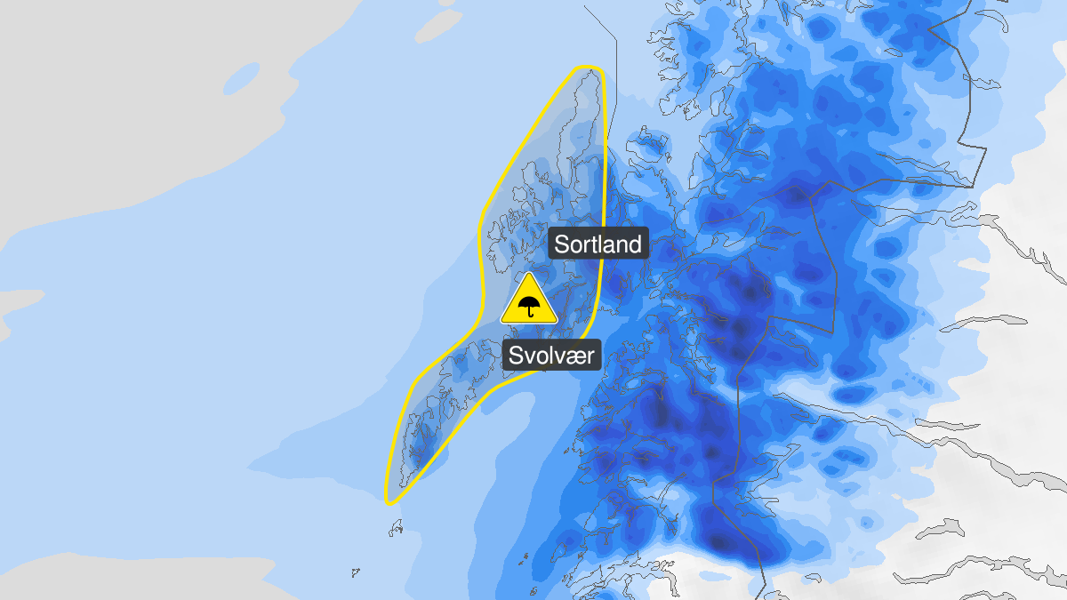 Kart over mye regn, gult nivå, Lofoten, 19 March 00:00 UTC til 20 March 00:00 UTC.