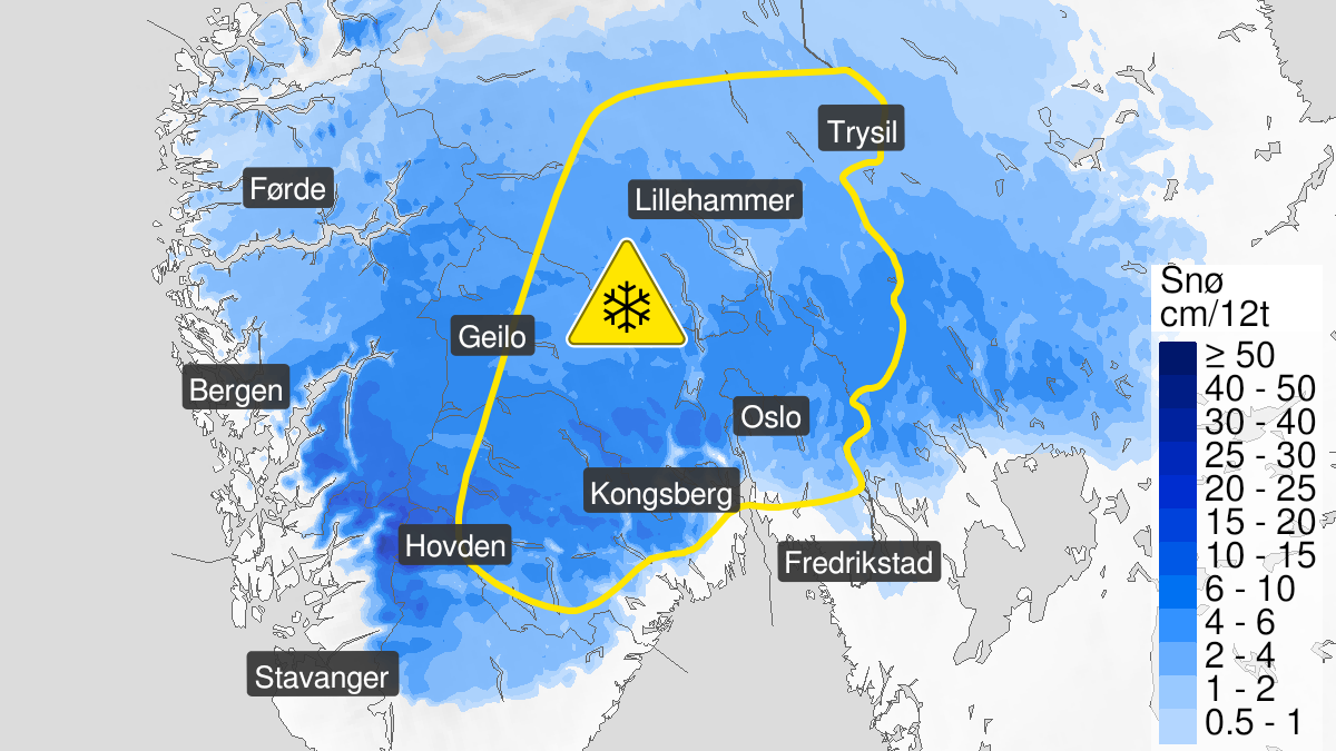 Kart over Snø, gult nivå, Deler av Østlandet, 2023-05-01T02:00:00+00:00, 2023-05-01T09:50:00+00:00