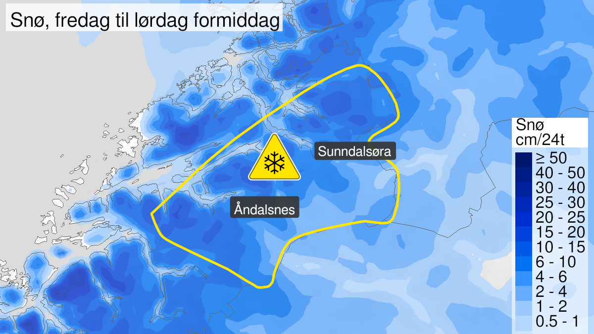 Map over Snow, yellow level, Parts of Møre og Romsdal , 2023-02-24T09:00:00+00:00, 2023-02-25T12:00:00+00:00