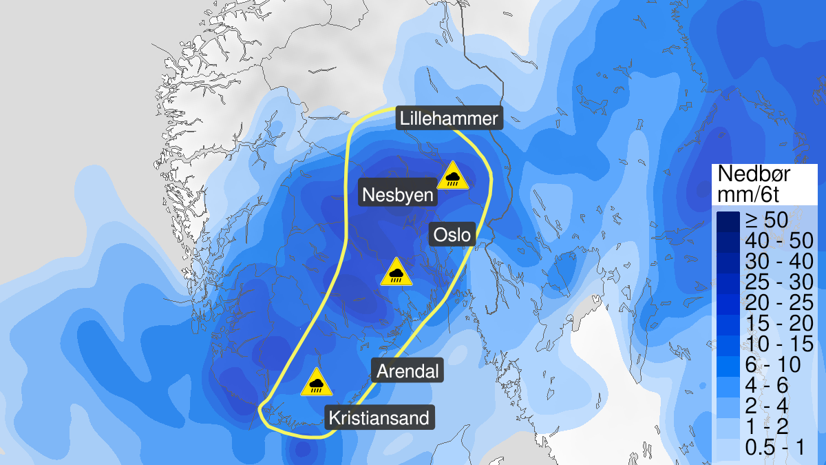 Kart over Styrtregn, gult nivå, Deler av Østlandet og Sørlandet, 2024-07-06T20:00:00+00:00, 2024-07-07T06:00:00+00:00