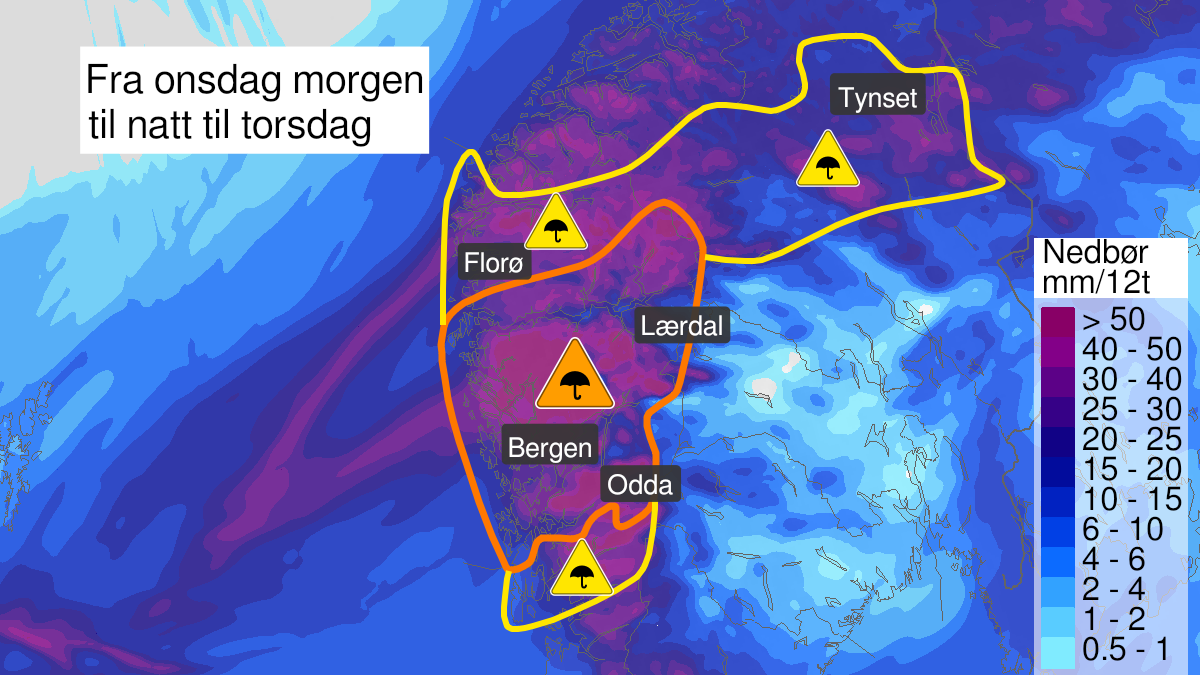 Kart over mye regn, gult nivå, Nord-Rogaland, 18 November 08:00 UTC til 18 November 23:00 UTC.