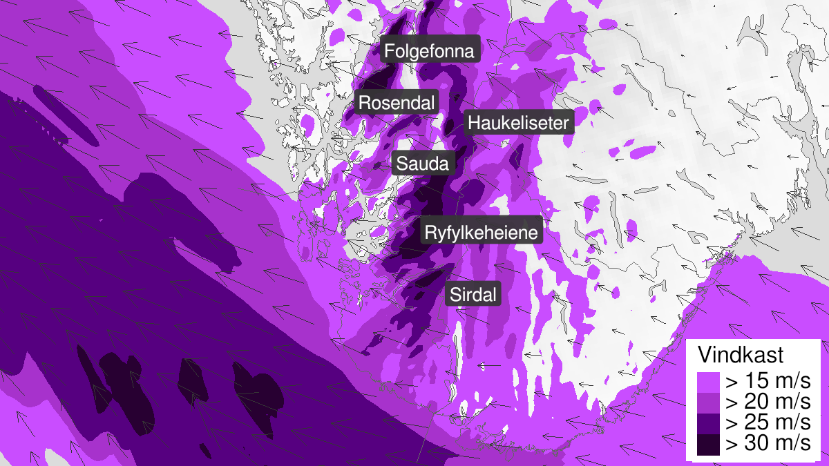 Map of strong wind gusts, yellow level, Rogaland and Hordaland, 31 October 22:00 UTC to 01 November 03:00 UTC.