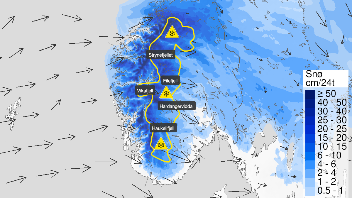 Kart over Kraftig snøfokk, gult nivå, Fjellet i Sør-Norge, 2023-02-10T14:00:00+00:00, 2023-02-13T08:00:00+00:00