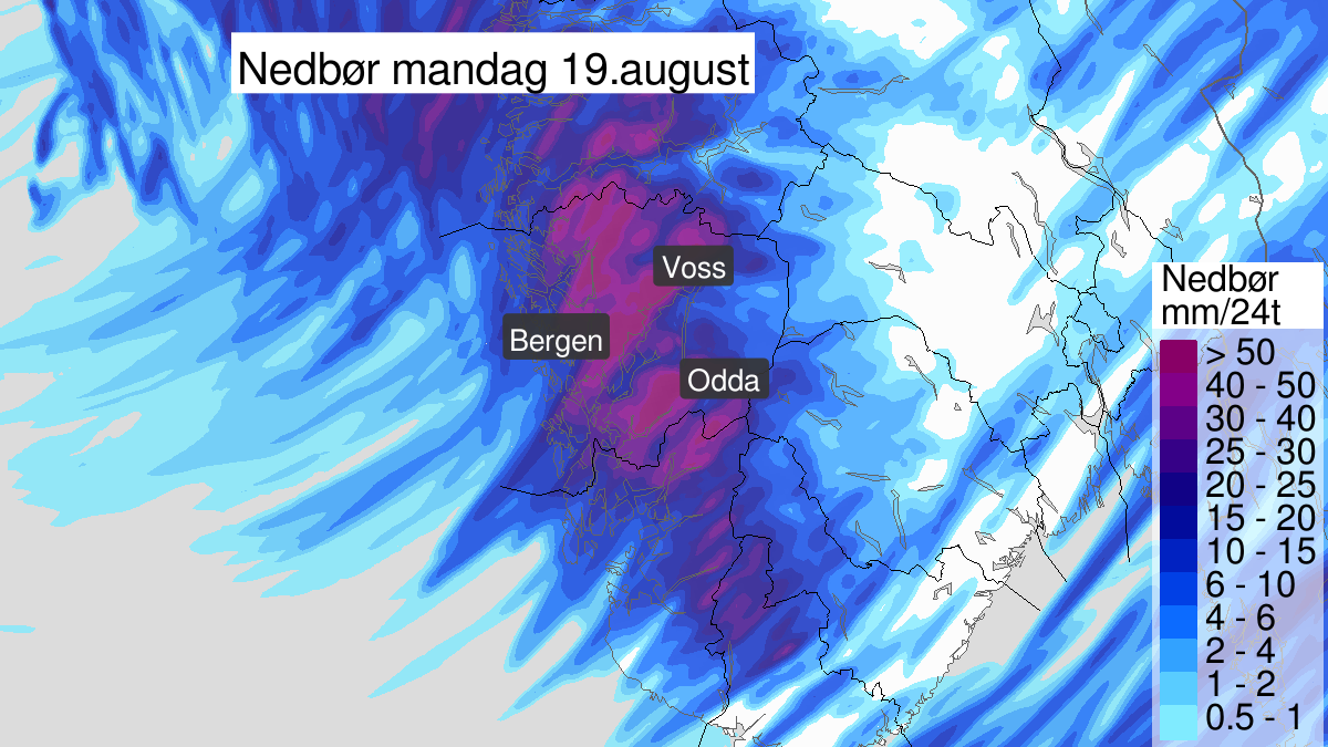 Kraftige regnbyger, gult nivå, Hordaland, 19 August 02:00 UTC til 19 August 18:00 UTC.