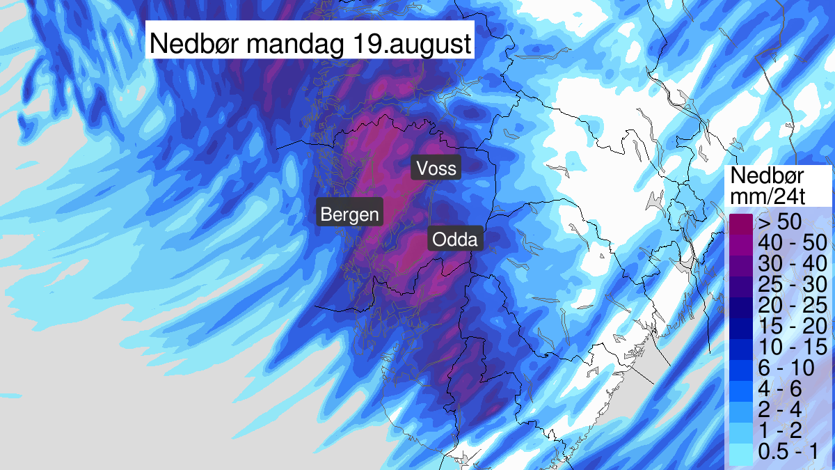 Heavy rainshowers, yellow level, Hordaland, 19 August 02:00 UTC to 19 August 18:00 UTC.