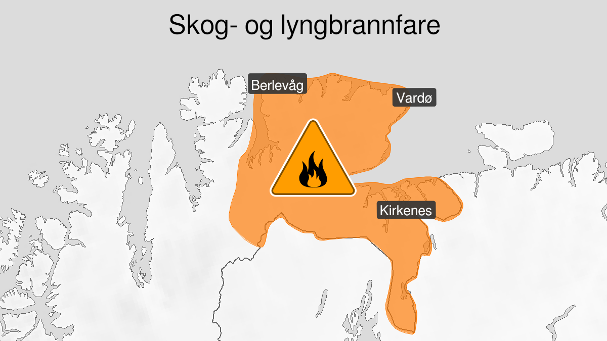 Kart over Stor skogbrannfare, oransje nivå, Varanger og store deler av Tana kommune, 2024-08-20T22:00:00+00:00, 2024-08-24T18:00:00+00:00