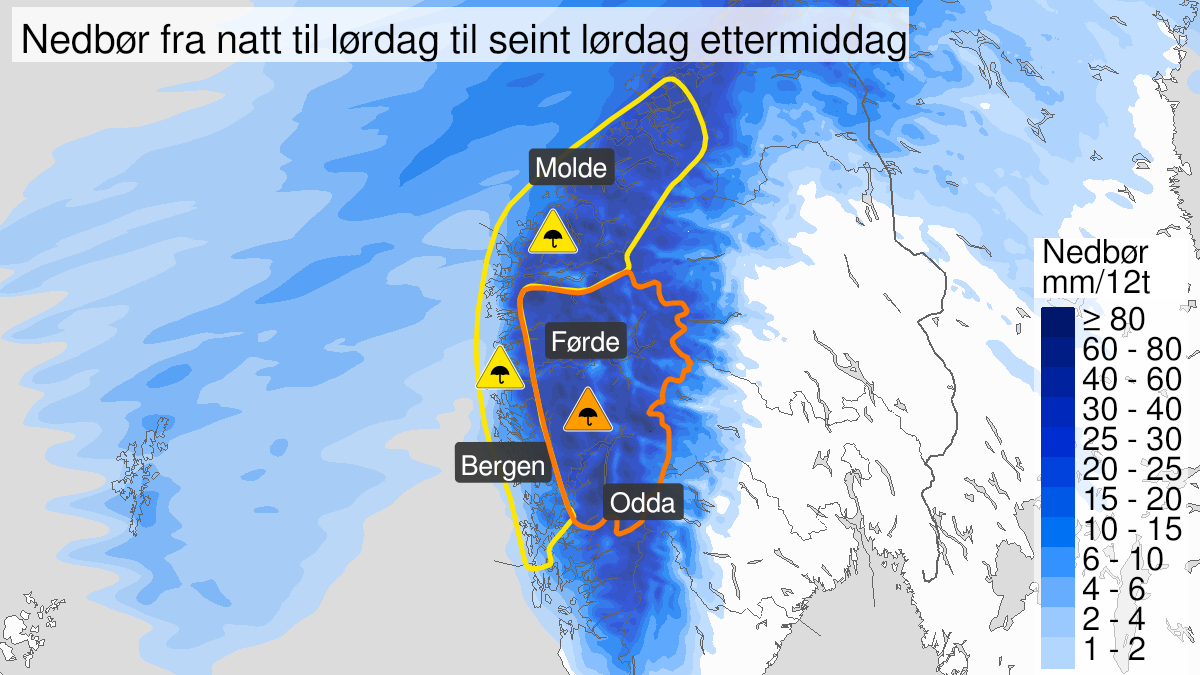 Map over Very heavy rain, orange level, Inner and mid parts of Vestland, 2023-12-16T03:00:00+00:00, 2023-12-16T16:00:00+00:00
