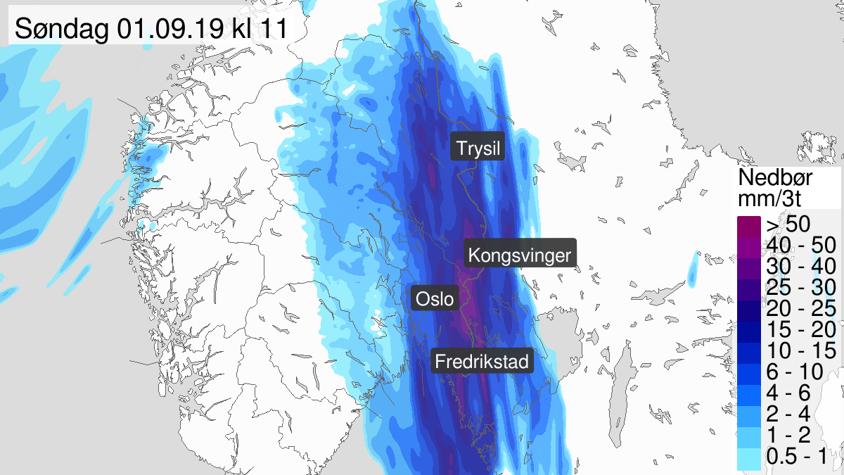 Heavy rainshowers, yellow level, Oestfold, Oslo, Akershus and Hedmark, 01 September 04:00 UTC to 01 September 11:00 UTC.