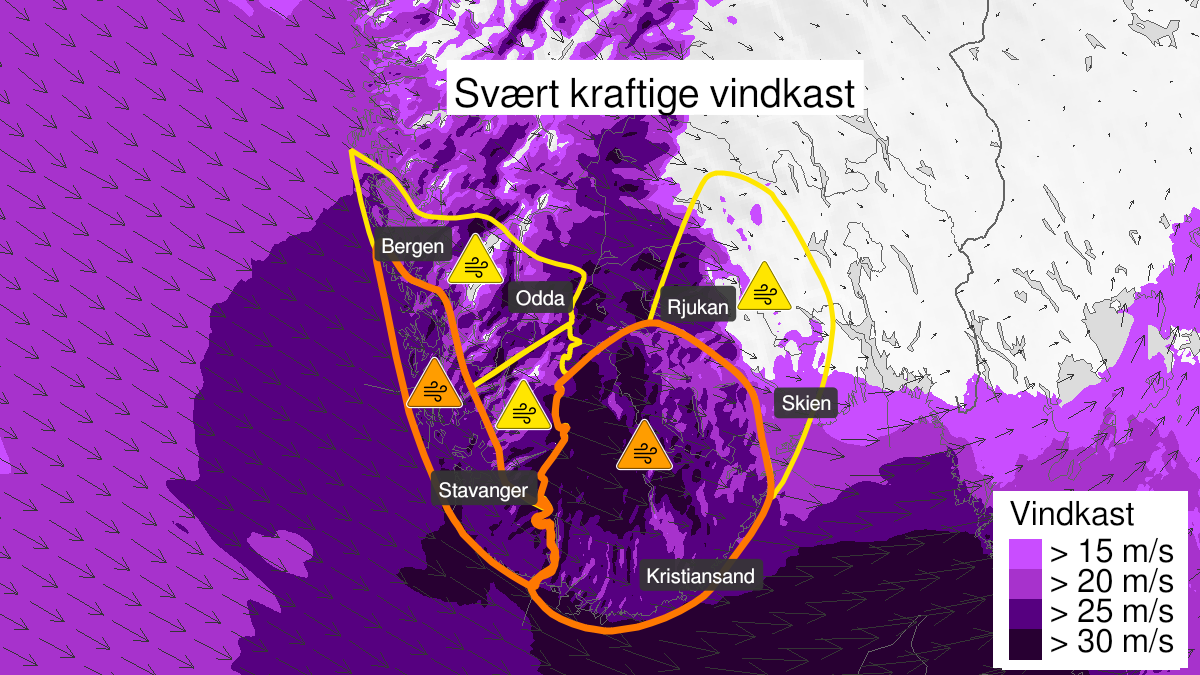 Kart over Svært kraftige vindkast, oransje nivå, Sunnhordland og deler av Rogaland, 2023-02-17T13:00:00+00:00, 2023-02-17T18:00:00+00:00
