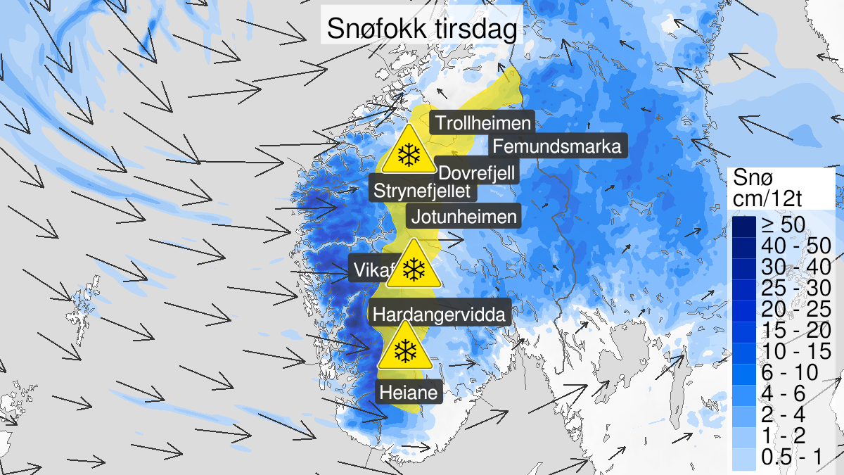 Kart over Kraftig snøfokk, gult nivå, Fjellet i Sør-Norge, 2022-12-27T00:00:00+00:00, 2022-12-27T15:00:00+00:00