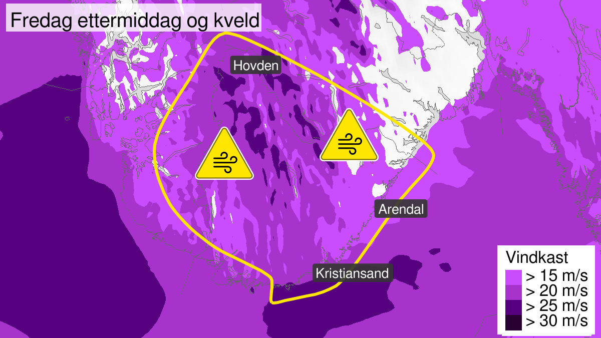 Kart over Kraftige vindkast, gult nivå, Deler av Rogaland, Agder og Telemark, 2023-10-06T10:00:00+00:00, 2023-10-06T22:00:00+00:00