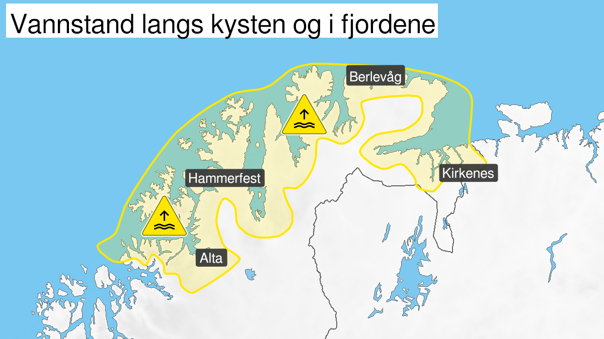 Map over High water level, yellow level, Coastal and fjord areas in Finnmark, 2023-01-24T15:00:00+00:00, 2023-01-24T19:00:00+00:00