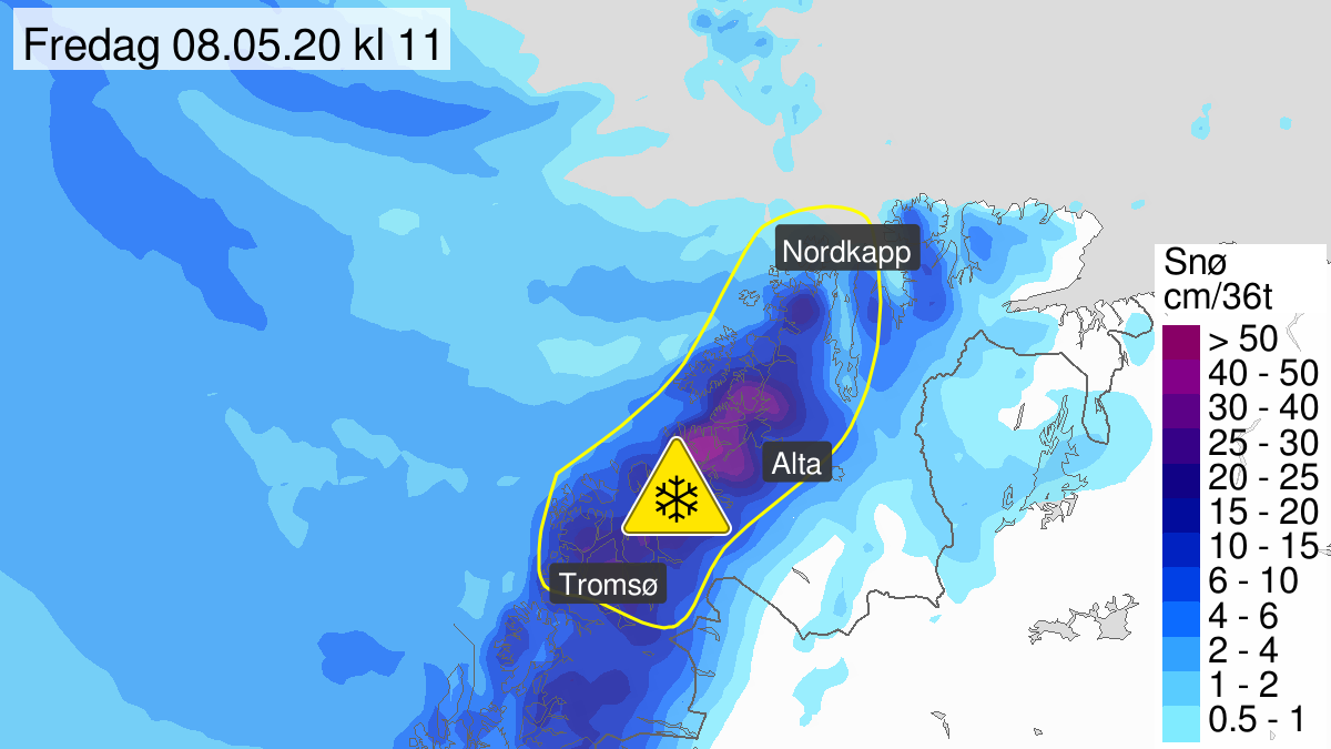 Kart over mye snø, gult nivå, Nord-Troms og Kyst- og fjordstrøkene i Vest-Finnmark, 07 May 00:00 UTC til 08 May 10:00 UTC.