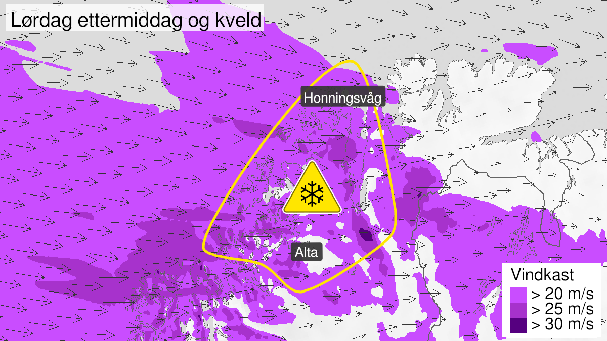 Map of blowing snow, yellow level, Kyst- and fjordstroekene i Vest-Finnmark, 07 November 15:00 UTC to 08 November 06:00 UTC.