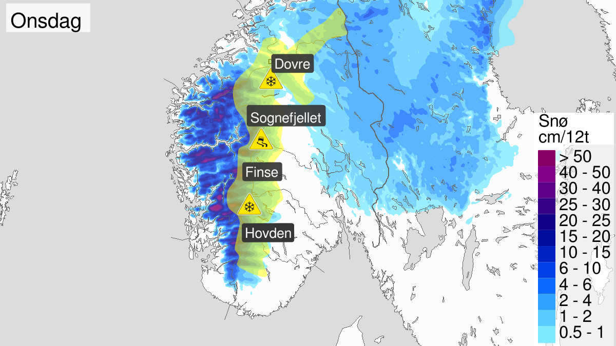 Blowing snow, yellow level, Fjellet i Soer-Norge, 11 March 00:00 UTC to 12 March 00:00 UTC.