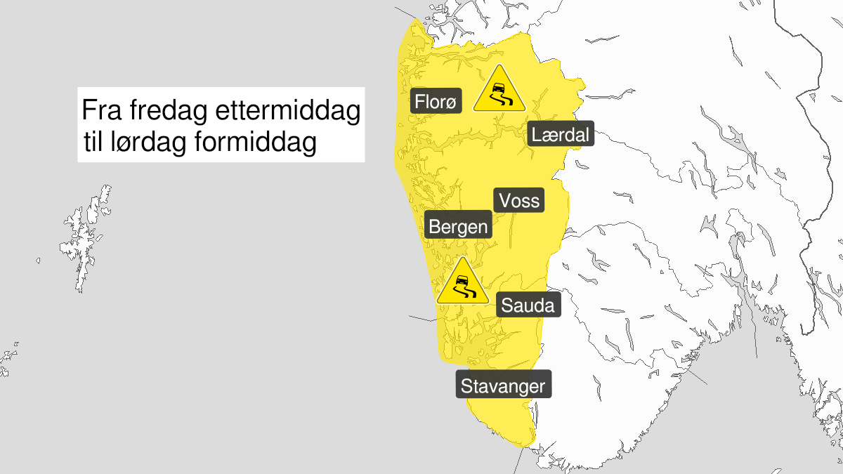 Kart over Is, gult nivå, Vestlandet sør for Stad, 2024-01-12T12:00:00+00:00, 2024-01-13T09:00:00+00:00