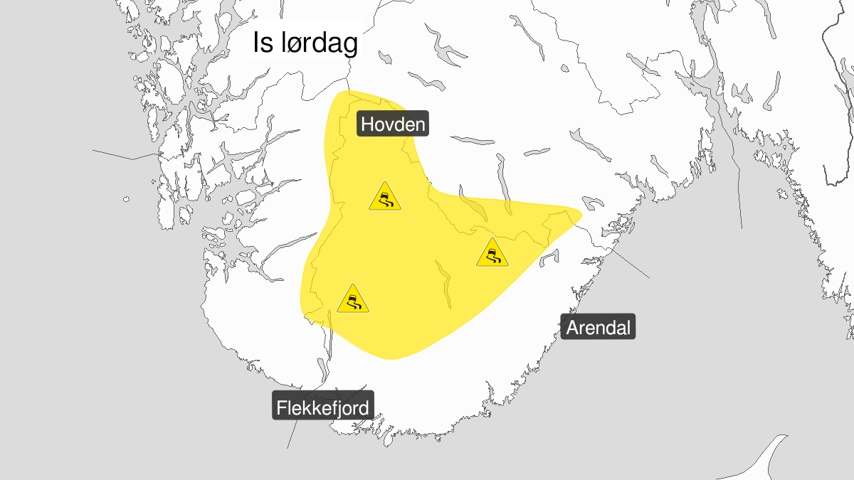 Map of ice, yellow level, Agder, 01 January 15:00 UTC to 02 January 00:00 UTC.