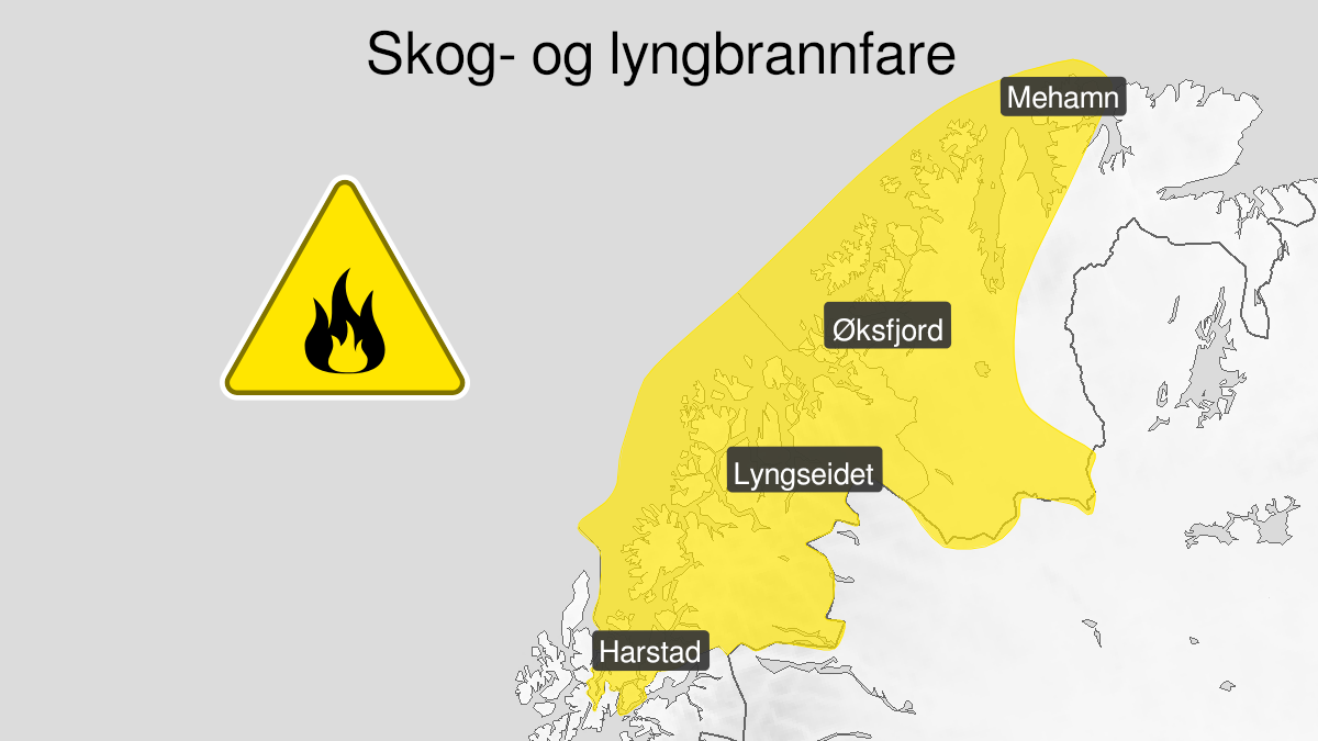 Map over Forest fire danger, yellow level, Troms and western parts of Finnmark, 2024-08-03T10:00:00+00:00, 2024-08-06T22:00:00+00:00