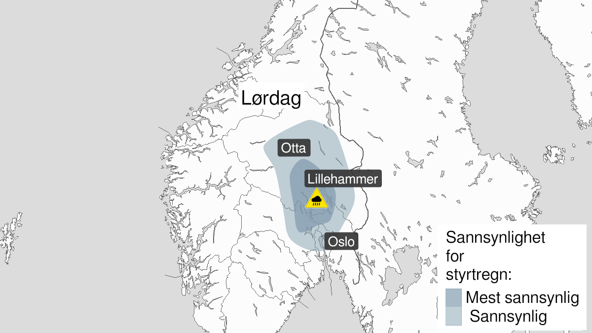 Kart over Styrtregn, gult nivå, Deler av Østlandet, 2024-07-27T09:00:00+00:00, 2024-07-27T18:00:00+00:00