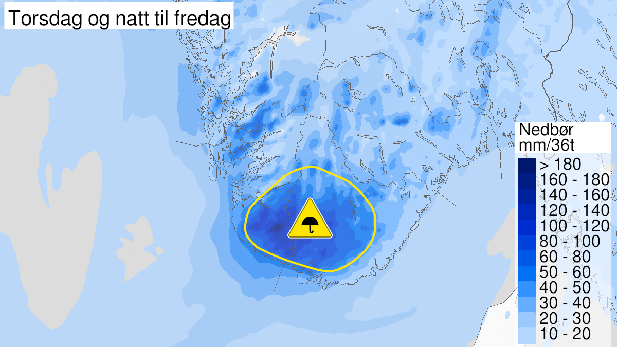 Kart over mye regn, gult nivå, Agder og Rogaland, 21 January 00:00 UTC til 22 January 06:00 UTC.