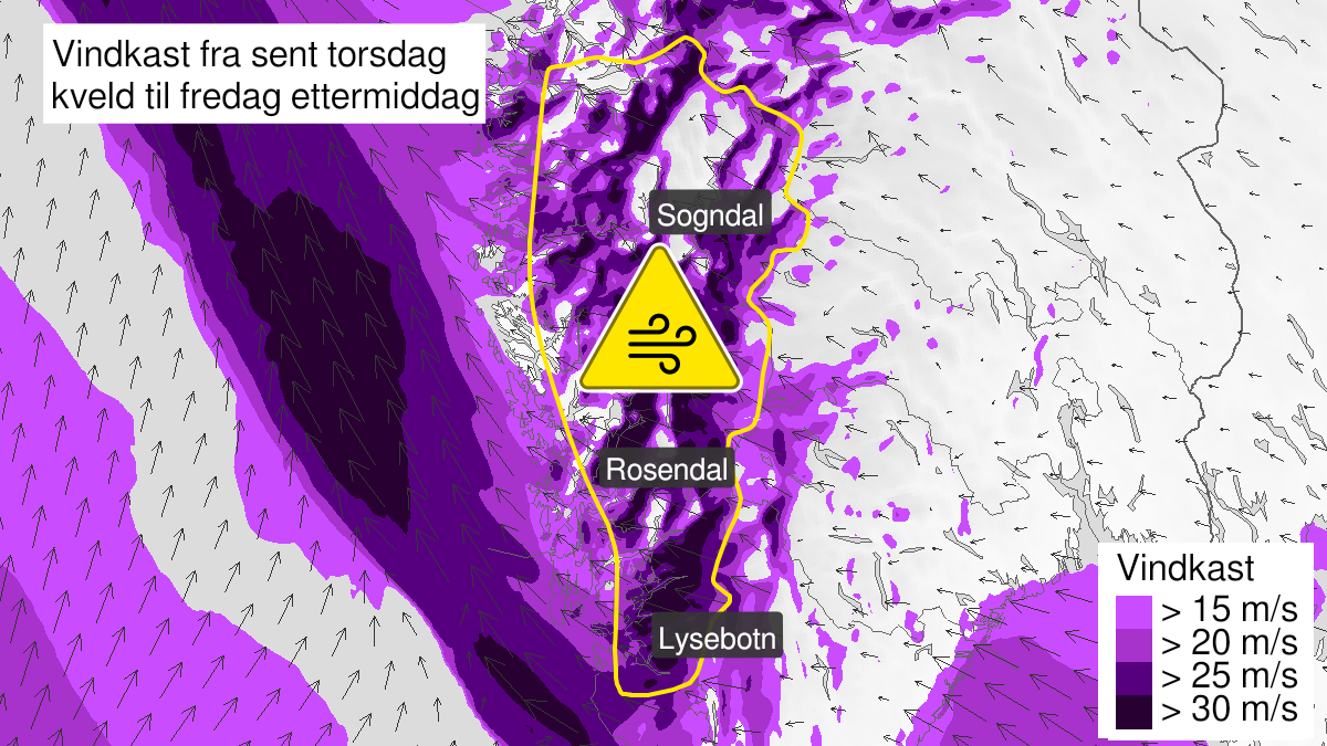 Kart over Kraftige vindkast, gult nivå, Indre og midtre strøk av Vestland fylke og Rogaland, 2023-01-05T23:00:00+00:00, 2023-01-06T14:00:00+00:00