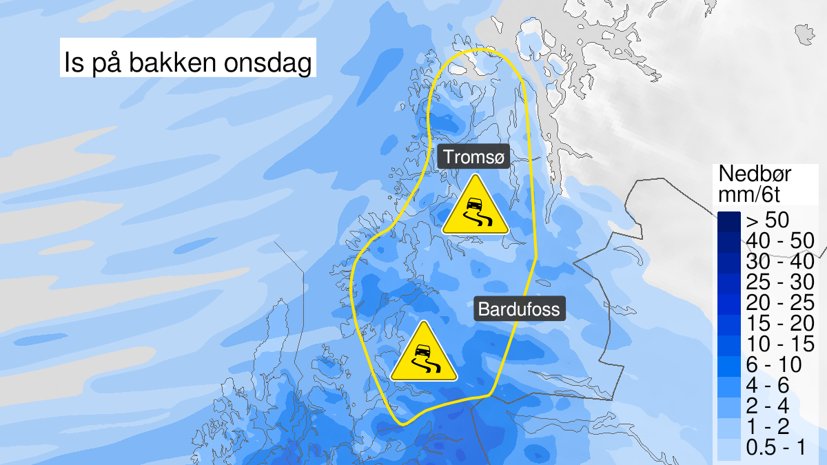 Kart over is, gult nivå, Troms, 15 December 10:00 UTC til 15 December 23:00 UTC.